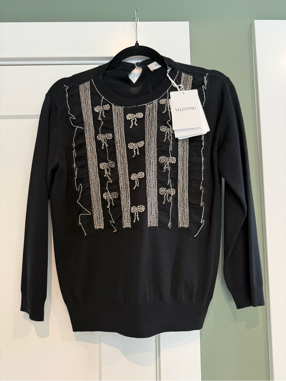 Valentino Black Crewneck Sweater with Silver Bead Embellishment